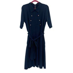 eShakti Dress 1X 16W Blue Fit & Flare Jersey Stretch Nautical Retro Collared